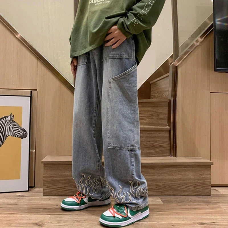 Flame Embroidery Jeans Neutral Wide Leg Denim Trousers Loose Straight Jeans Youth Casual Baggy Hip Hop Pants