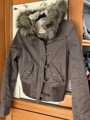 Vintage Fur Trim Hooded Bomber Jacket Brown Zipper Coat with Sherpa Lining Ribbed Cuffs Y2K Keep Warm Coats