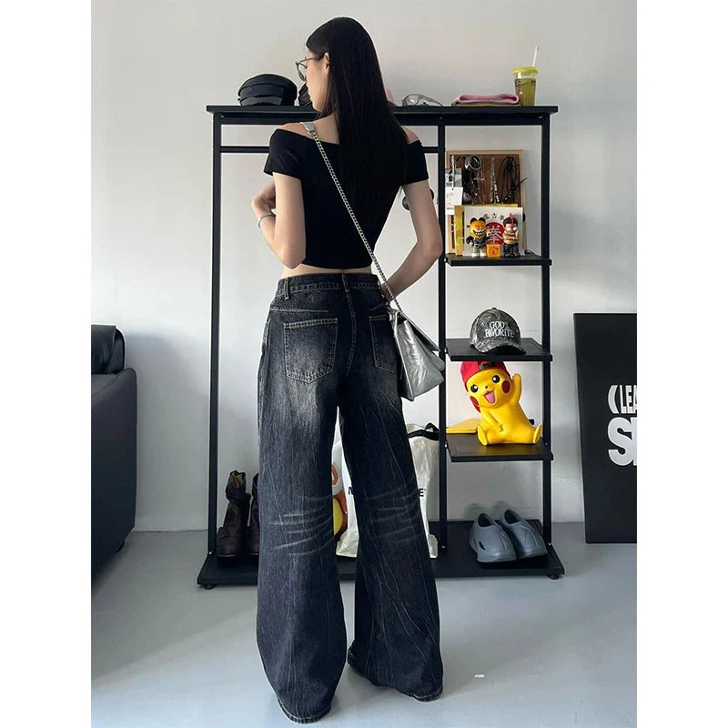 Y2K 2000S Grunge Black Jeans Vintage Oversized Wide Leg Denim Pants Harajuku Gothic High Waist Baggy Straight Trousers New