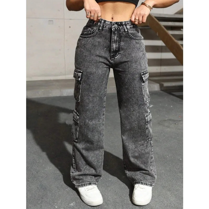 Jeans Y2k Jeans High Waist Stretch Cargo Pants Multiple Pockets Casual Trousers