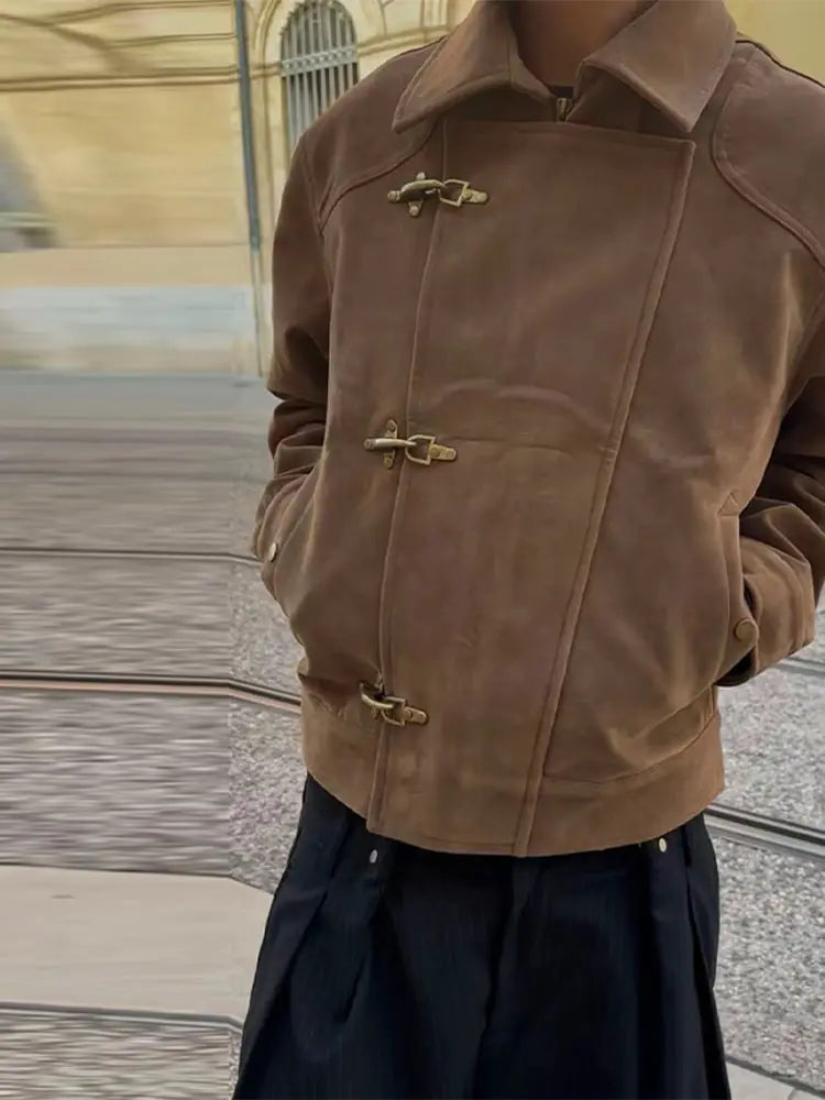 Elegant Metal Button Gender's Coat Slim Lapel Asymmetry Full Sleeves Couple Short Coat Chic Streetwear