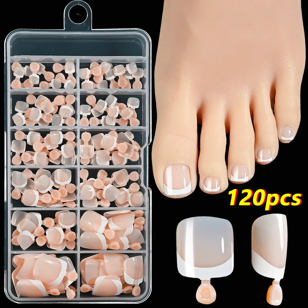 120Pcs Pink French Short Square Fake Nails 12-Sizes Full Cover Press On Nails Wearable Detachable Finished False Fingertips *TD