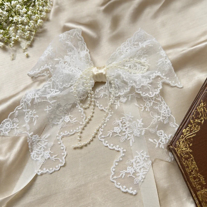 1Pair/2Pairs French Romantic White Flower Lace Curtain Tieback with Bead Korean Bow Strap Trims