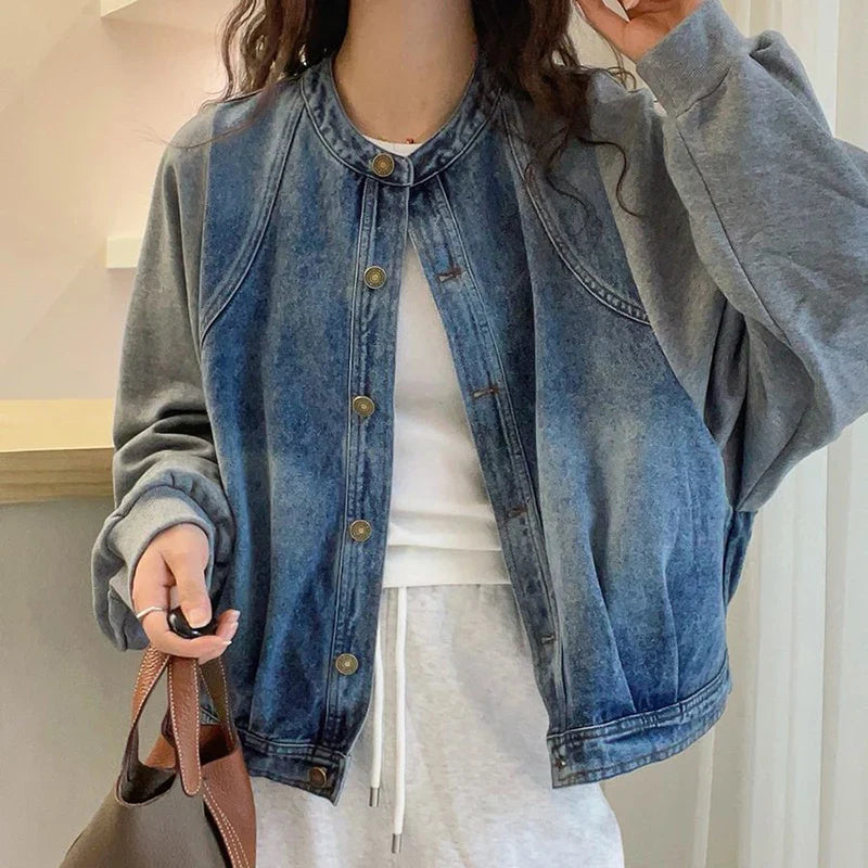 Harajuku Y2K Patchwork Denim Jacket O Neck Loose Casual Classic Coat Long Sleeve Single Breasted Rockabilly Baseball Jacke