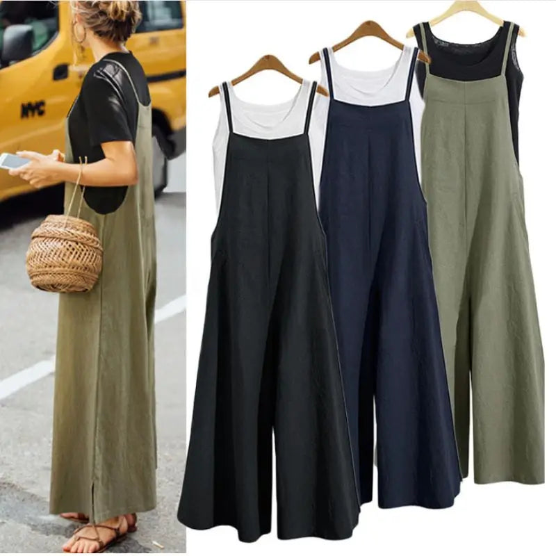 Sleeveless Jumpsuit Solid Color Wide Leg Bib Overalls Casual Loose Cotton Linen Straps Dungaree