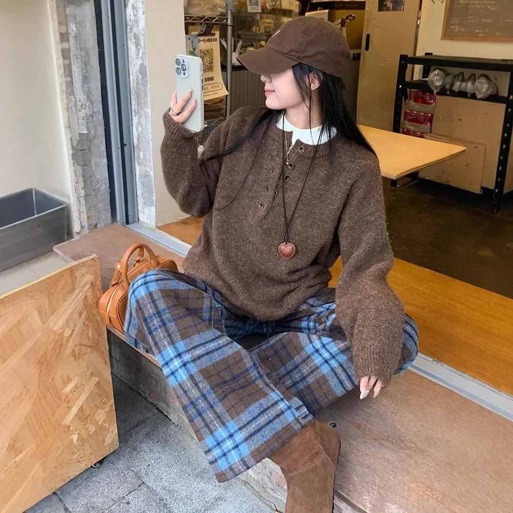 Blue Plaid Thickened Woolen Casual Pants Style Straight Leg Wide Leg Floor Length Trousers Trendy Long