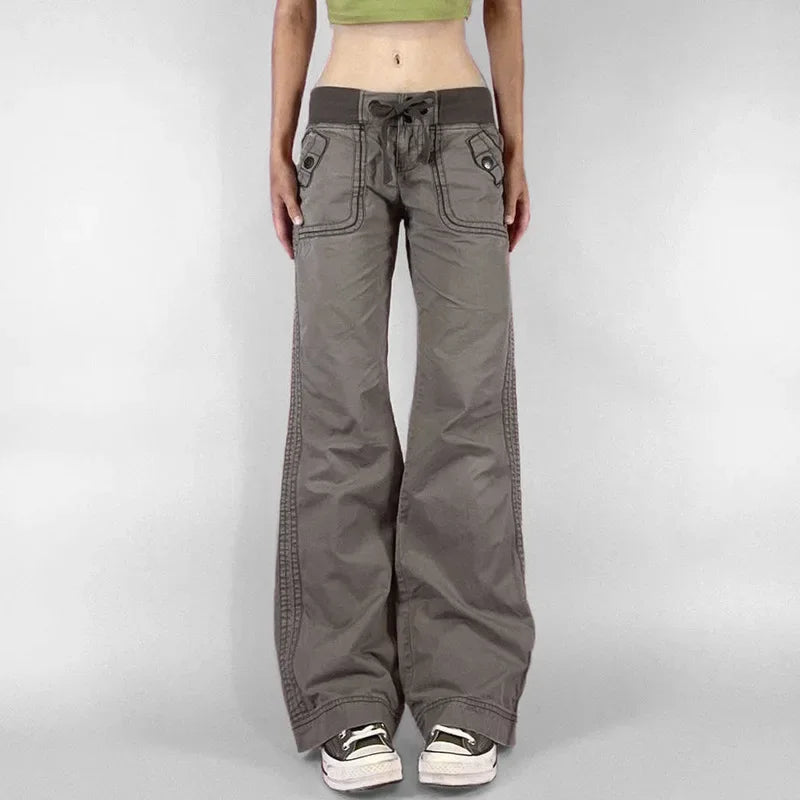 Retro Lace-up Low Rise Pants Streetwear Patchwork Loose Casual
