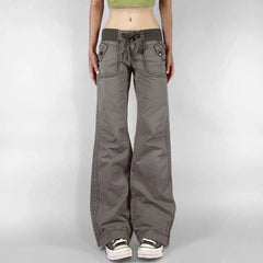 Retro Lace-up Low Rise Pants Streetwear Patchwork Loose Casual
