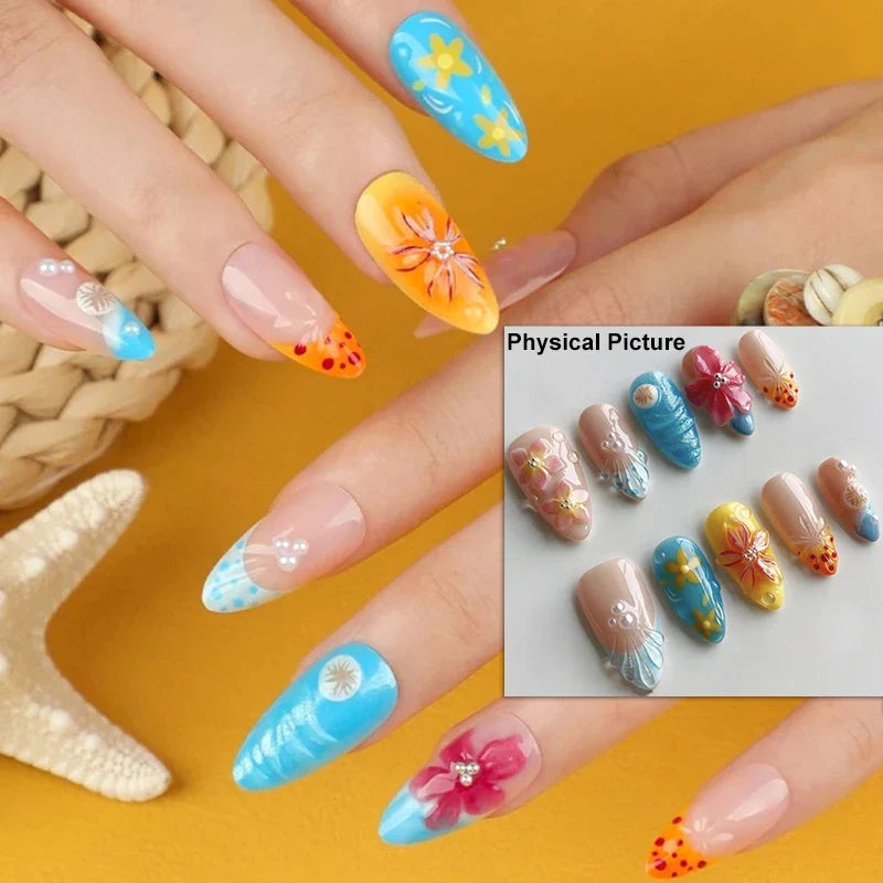 Fish Scale Glitter Powder Long Pointed Fake Nail Shell Pearl Cat Eye Starfish Ripple False Nails Art Charm Press on Nails