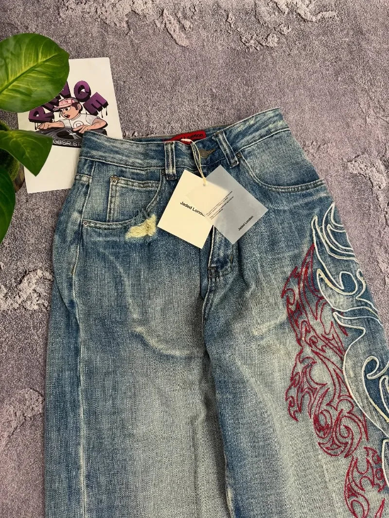 American Y2K Pattern Embroidery Baggy Jeans High Street Vintage Hip Hop Casual Joker Couple Wide-leg Pants
