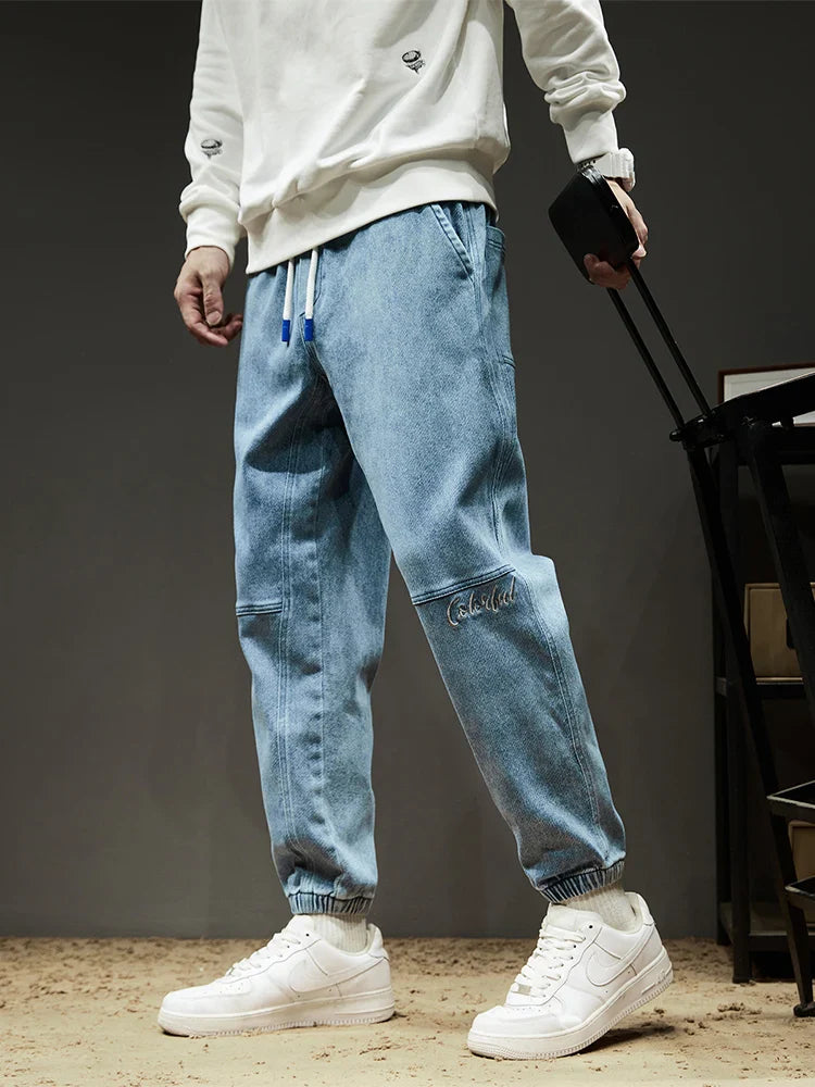 Cargo Jeans Slight Stretch Cotton Denim Jogger Pants Black Blue Streetwear Baggy Jeans