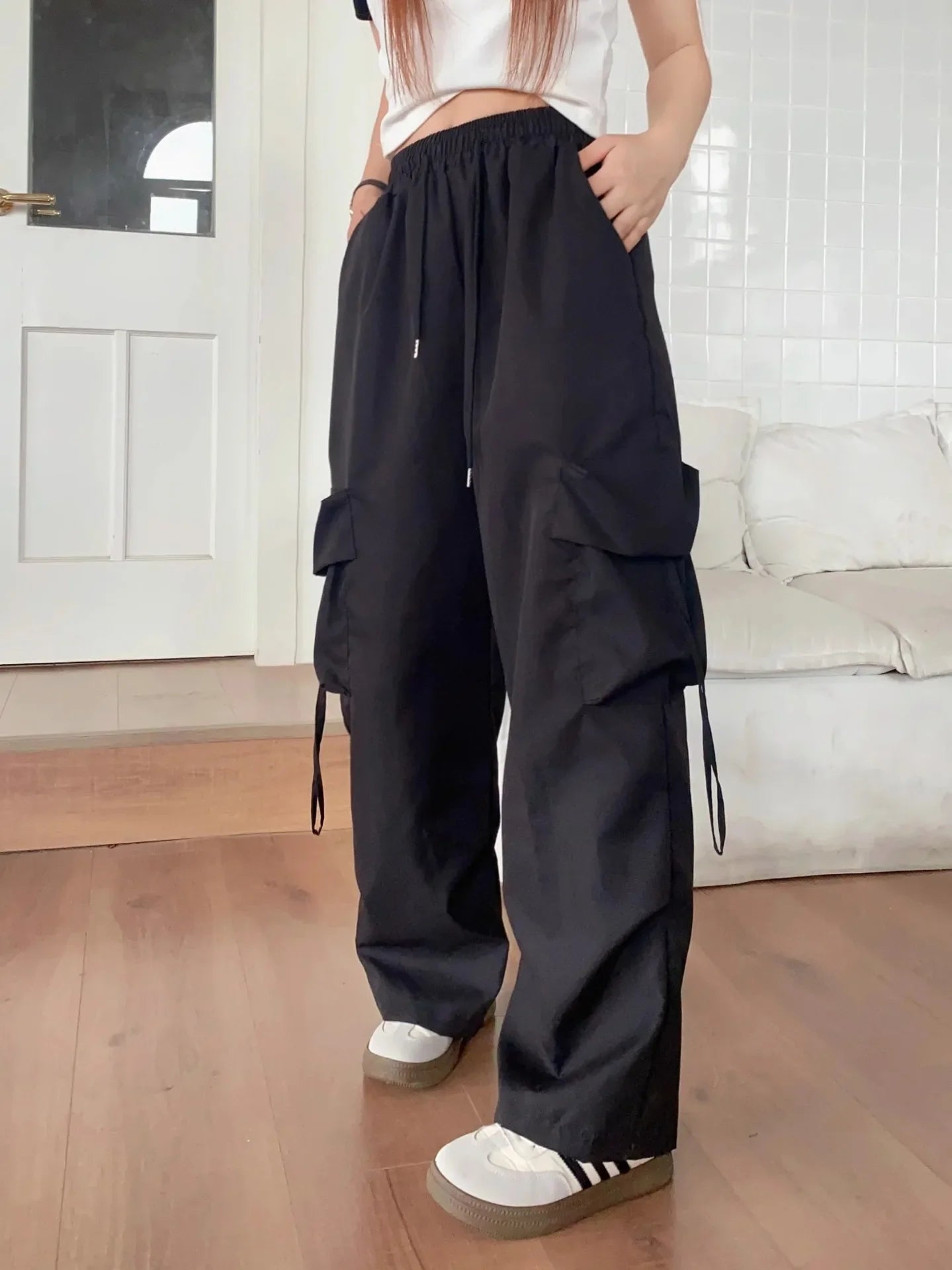 Oversized Pocket High Street Pant Black Vintage High Waist Pants Retro Casual Streetwear Loose Jogger Trousers