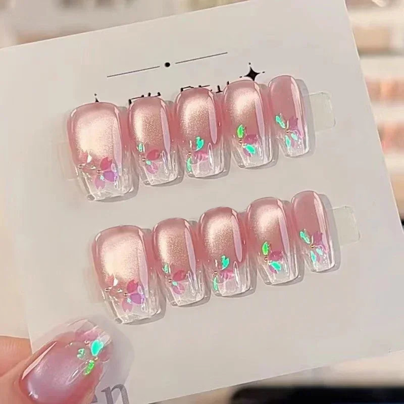 10pcs Aurora Cat Eye Handmade Press on Nails Pink Cherry Blossom False Nails Crystal Flower Pearl Fake Nails French Coffin Nail