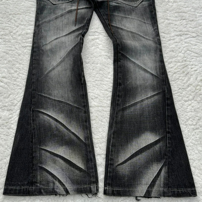 Y2k Flared Lace Up Jeans Retro Washed Paw Prints Double Waist Slim Fit Jeans Gothic High Street Wear Unisex Bootcut Jeans