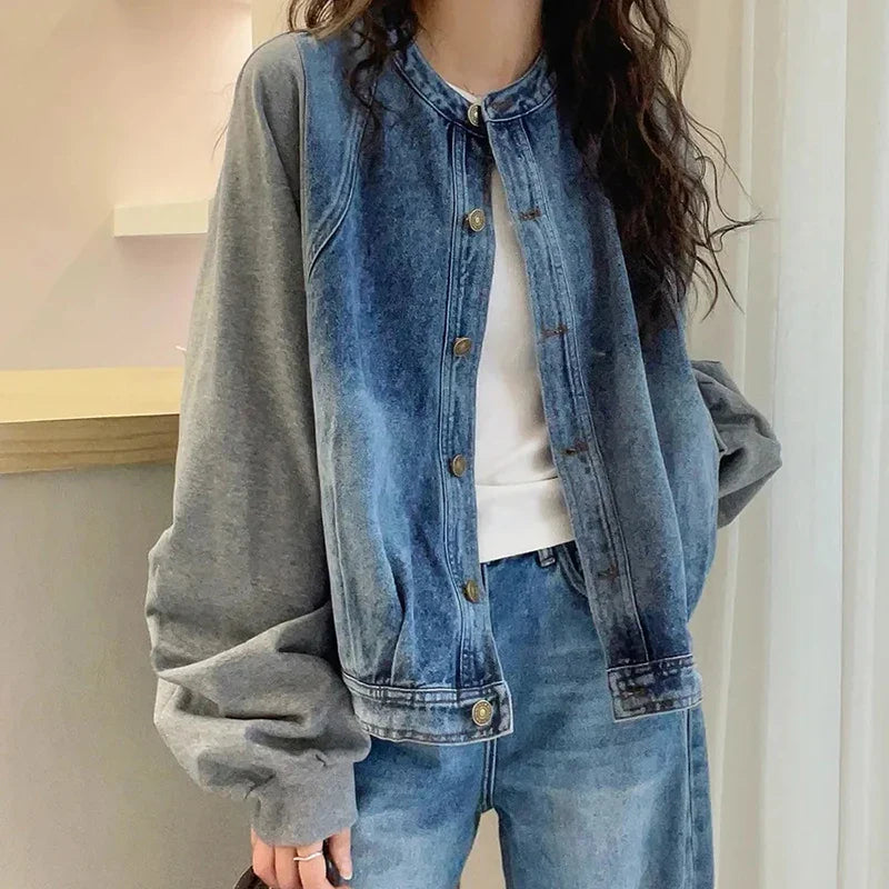 Harajuku Y2K Patchwork Denim Jacket O Neck Loose Casual Classic Coat Long Sleeve Single Breasted Rockabilly Baseball Jacke