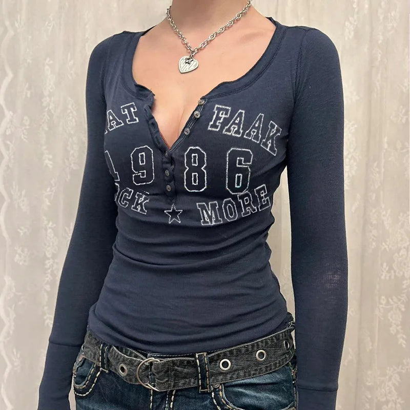 Black T-shirt Letter Print Streetwear Long Sleeves O-Neck Bodycon Top Button Casual Slim Tees Female