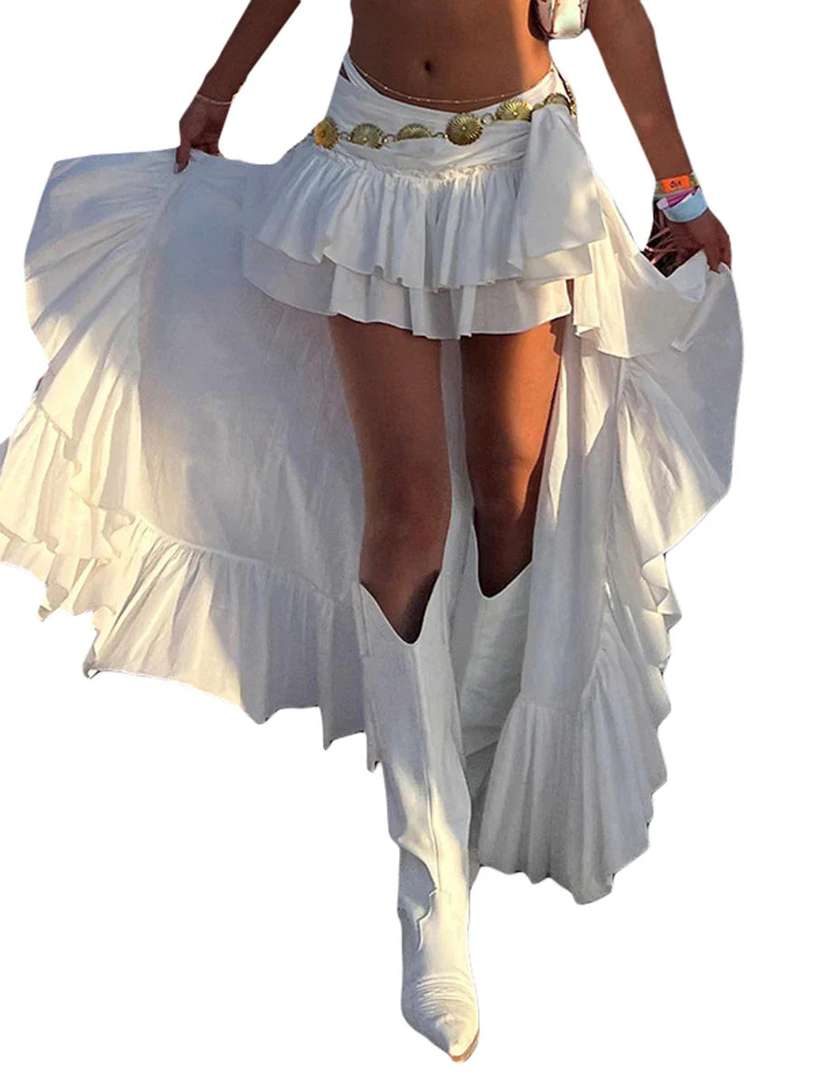 Elastic Band Waist Flowy Skirt Irregular Ruffle Asymmetrical Midi White Boho Skirt Streetwear