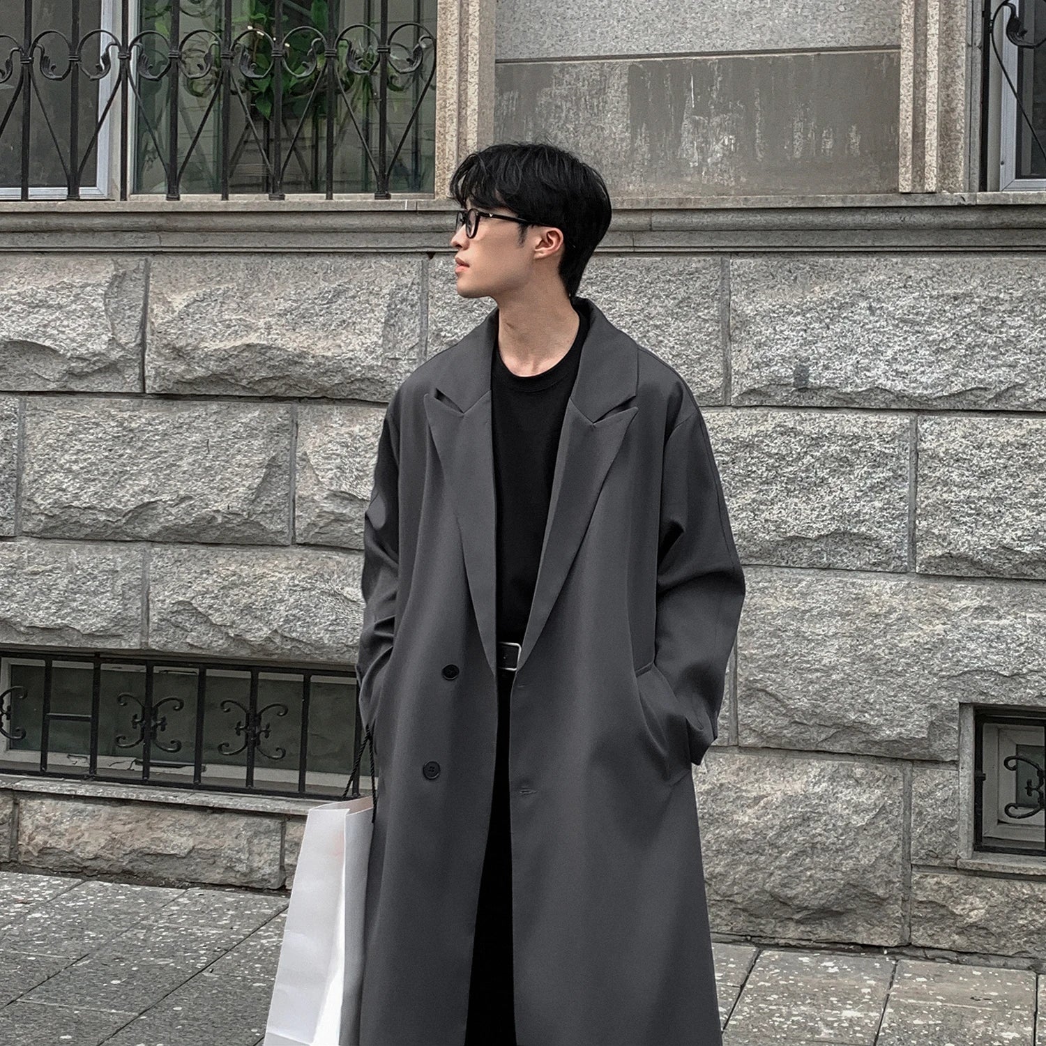 Trench Coat Korean Overcoat Male Long Windbreaker Streetwear Trench Outerwear Black/Gray/Coffee