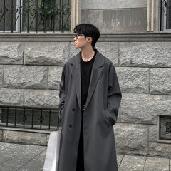 Trench Coat Korean Overcoat Male Long Windbreaker Streetwear Trench Outerwear Black/Gray/Coffee