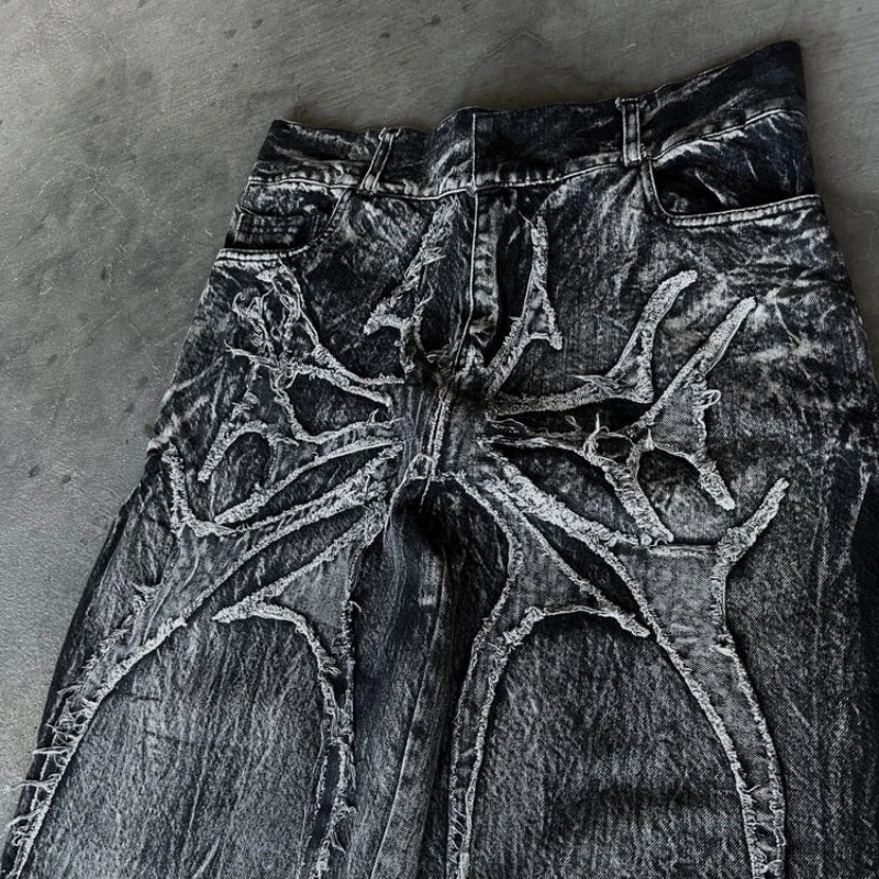 Y2K Phantom Jeans High Street Spider Embroidered Patch Hip Hop Streetwear Gothic Retro Oversized Baggy Fit Unisex Mopping Pants
