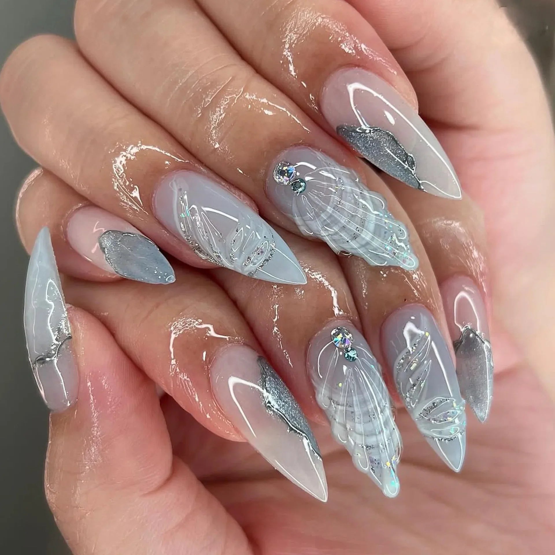 Blue White French 3D Flower Shell Nail Art Beach Almond False Nails Detachable Finished Fake Nails Press on Nails