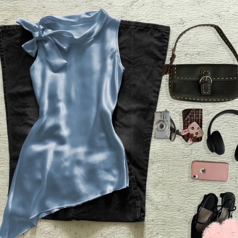 High End French Temperament O Neck Sleeveless Korean Tank Tops Elegant Bow Appliques Design Camioles Y2k Lrregular Simple Tops
