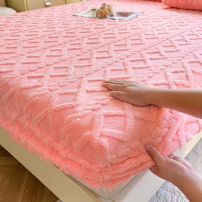 1pc Warm Bed Sheet with Elastic Band Single/Queen/King Mattress Cover Thick Coral Fleece Fluffy Fitted Bed Sheets