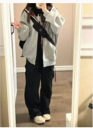 Grid Splicing Hooded Sweatshirt Loose Versatile Zipper Cardigan Jacket Long Sleeved Versatile Coat Top