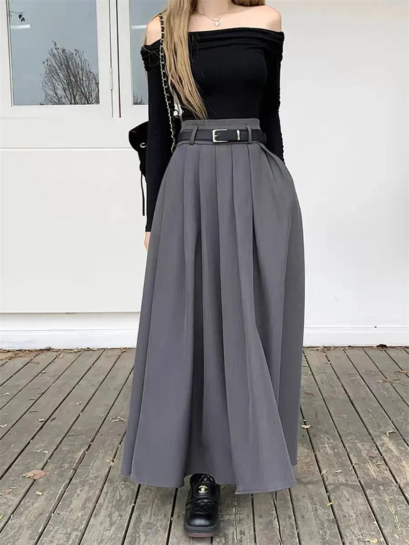High Waist Jupe Korean Pleating Swing Skirt Vintage Office Falda Holiday Loose Solid Long Skirt