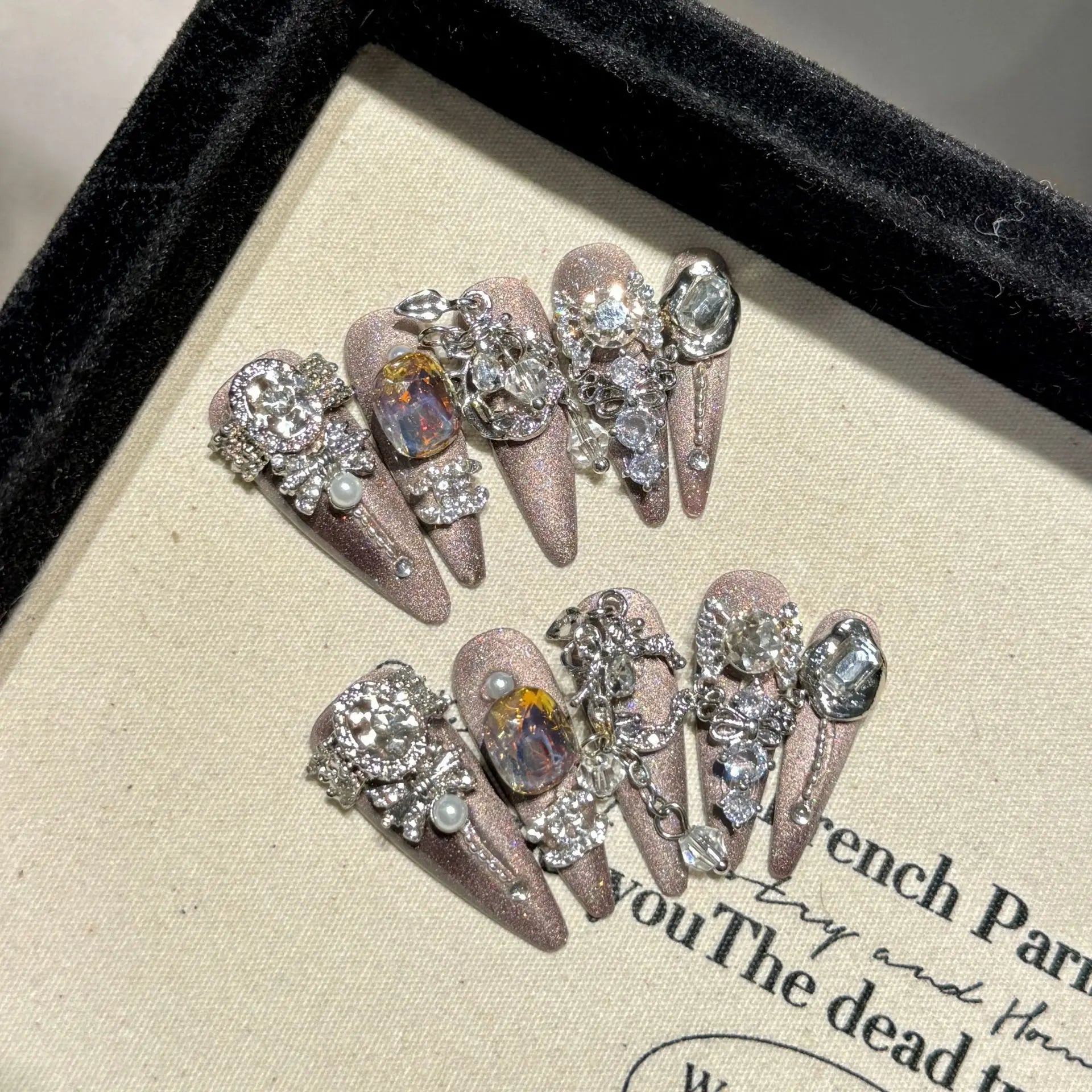 Handmade Press on Nails Shiny Pink Cat Eye Fake Nails