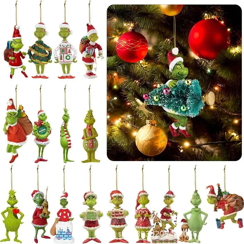 18Pcs 2D Acrylic Christmas Tree Green Monsters Ornaments Cute Green Monsters Christmas Tree Pendants Christmas Tree Decor
