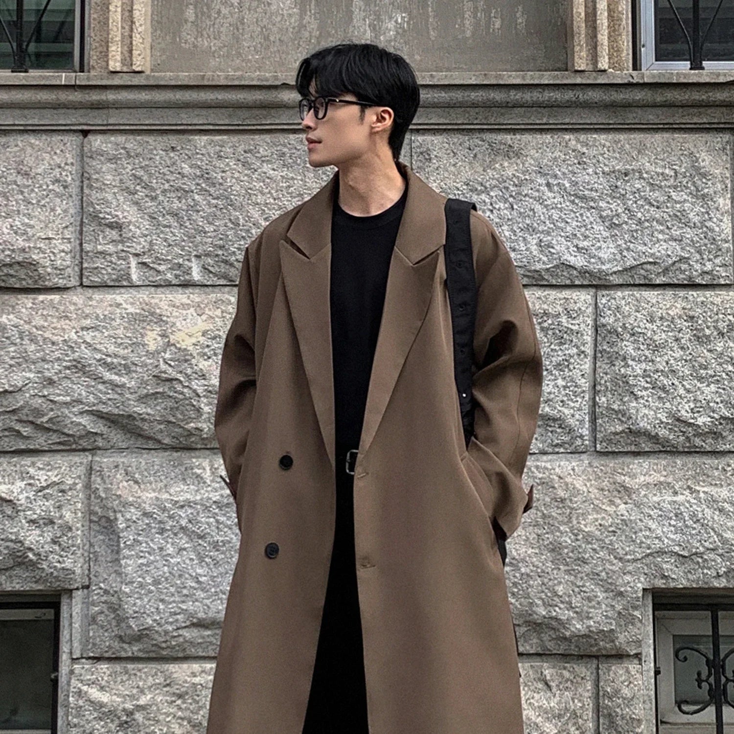 Trench Coat Korean Overcoat Male Long Windbreaker Streetwear Trench Outerwear Black/Gray/Coffee