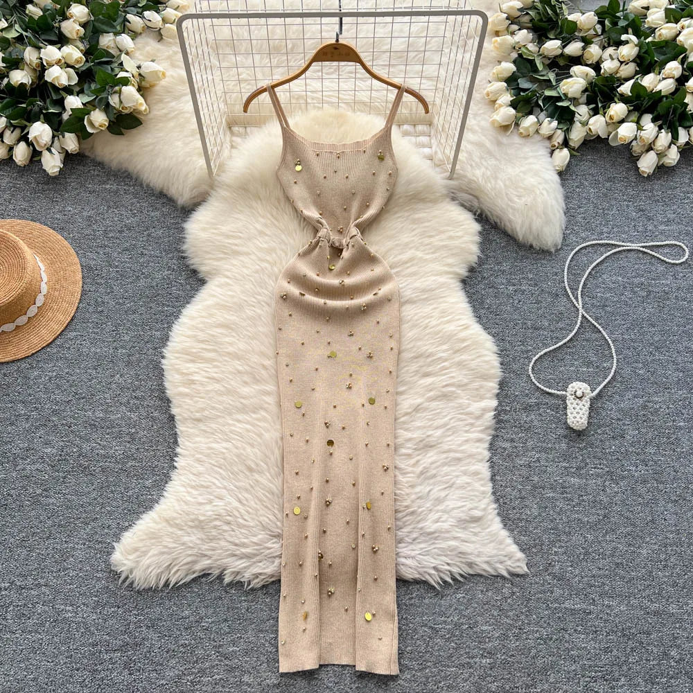 Knitting Split Long Dress Sleeveless Sequins Diamonds With Sashes Skinny Sundress Dress
