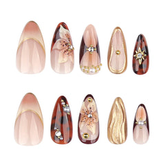 24Pcs Gold Ripple Brown Flowers False Nails with Rhinestones Pearl Design Wearable Almond False Nails Full Cover Press on Nails