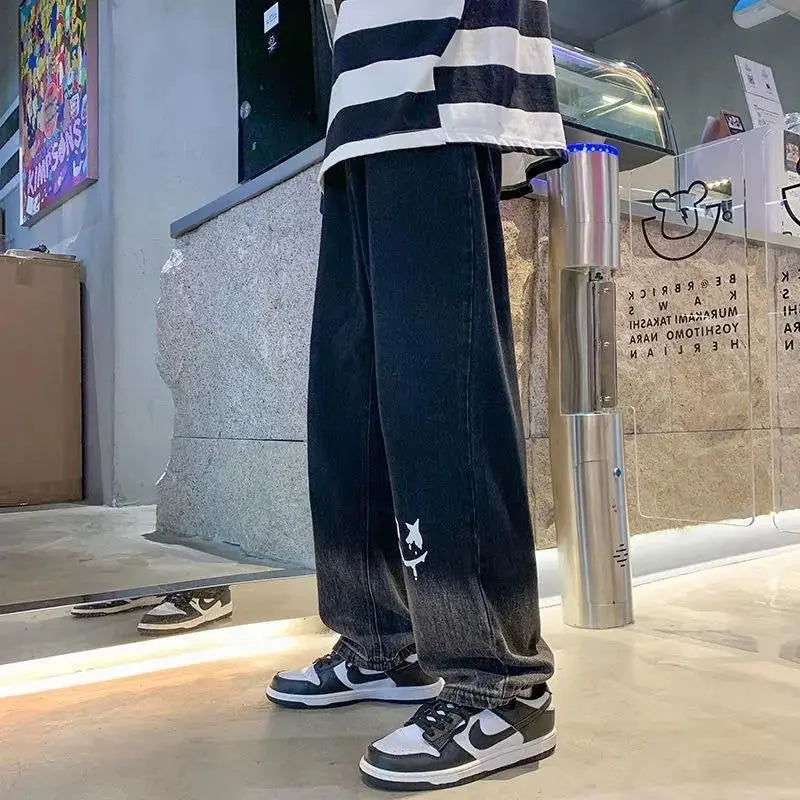 Harajuku Smile Print Baggy Pants Streetwear Wide Leg Oversize Jeans Vintage Y2k Straight Long Trousers Male