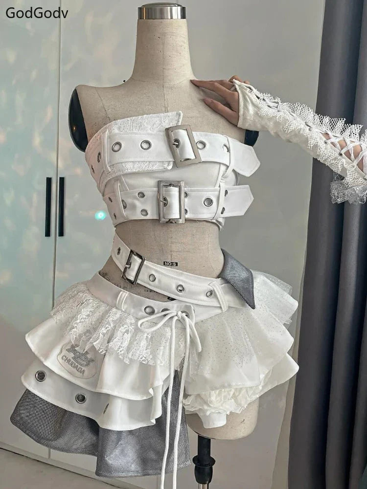 Gothic Retro Fur Trim Corset Design Suit Y2k Slim Lolita Elegant 2 Piece Sets Korea Style Chic Outfits