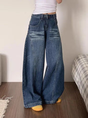 Blue High Street Wide Leg Jeans Loose Slimming Drapey Straight Floor-Length Pants Ladies Denim