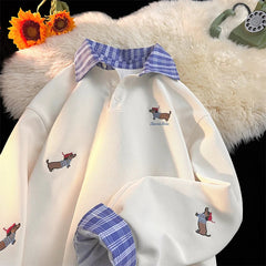 Plaid Patchwork Fake Two Sweatshirt College Style Puppy Embroidery POLO Collar Sweatshirt Loose Pullover Tops