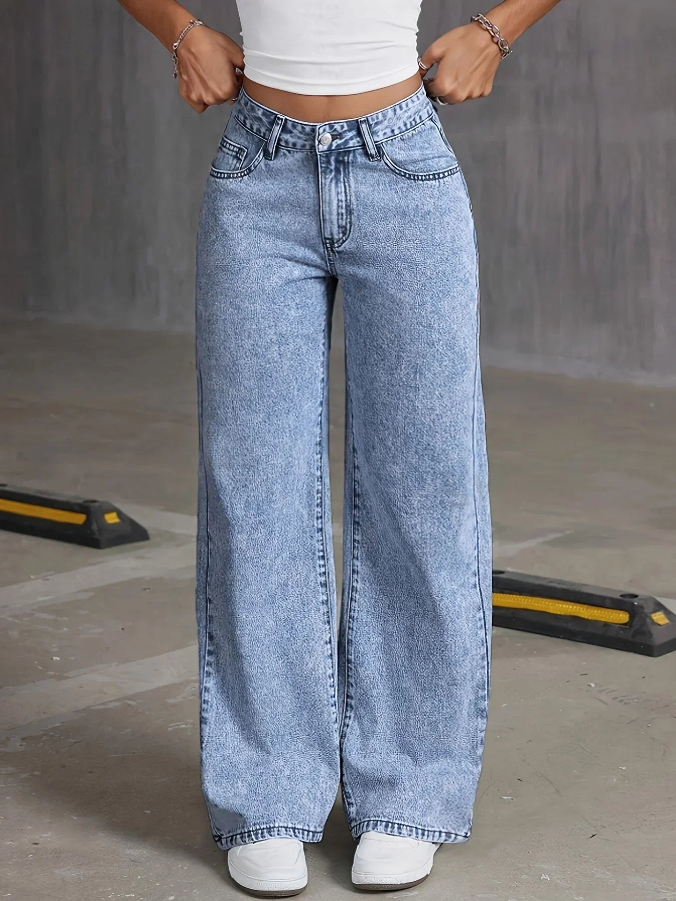 Back Pocket Bow Embroideredable Wide Leg Pants Versatile Washed Denim Trousers