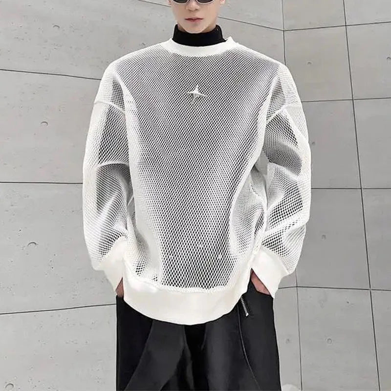 Korean Clothes Hollow Out Ice Silk Fabric Wear Sheer Out Streetwear Round Neck Long Sleeve T-shirt