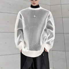 Korean Clothes Hollow Out Ice Silk Fabric Wear Sheer Out Streetwear Round Neck Long Sleeve T-shirt