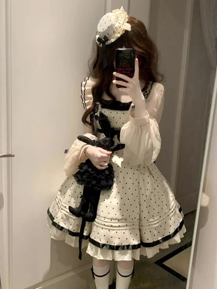 Design Sweet Kawaii Polka Dot Lolita Dress France Elegant Bow 2-piece Set Long Sleeve Short Cardigan
