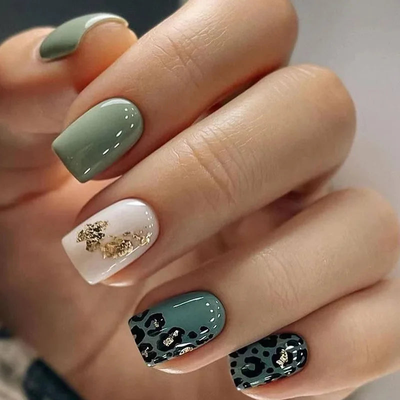 24Pcs Long Coffin Leopard Print False Nails with Glue Sweet Cool Diamond Fake Nail Set Floral French Press on Wearable Nail Tips