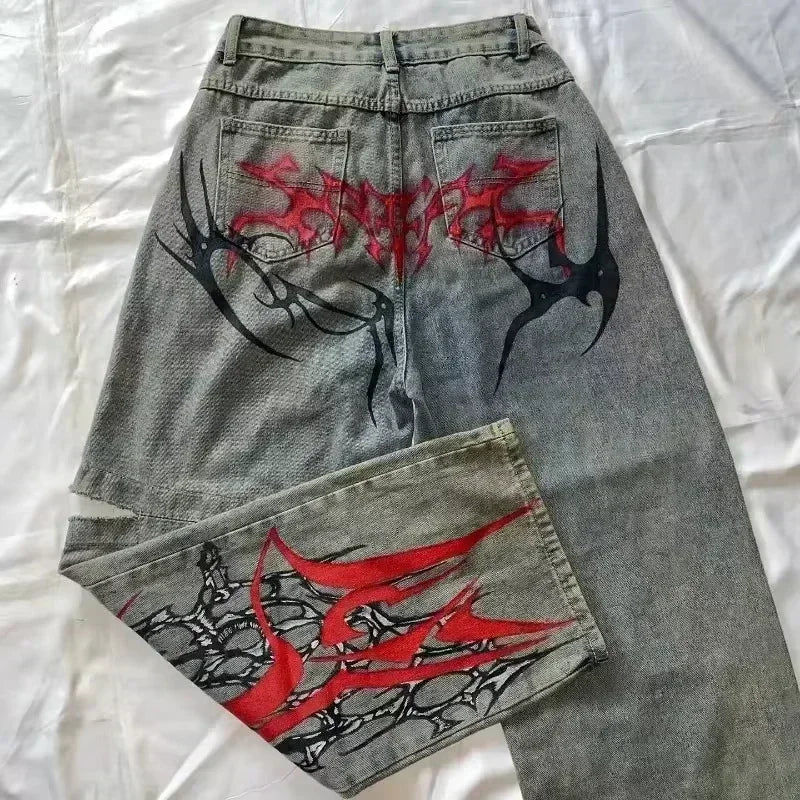 American Trend Joker Pattern Embroidered Loose Jeans Street Y2K Hip Hop Oversized Wide-leg Pants Unisex Jeans