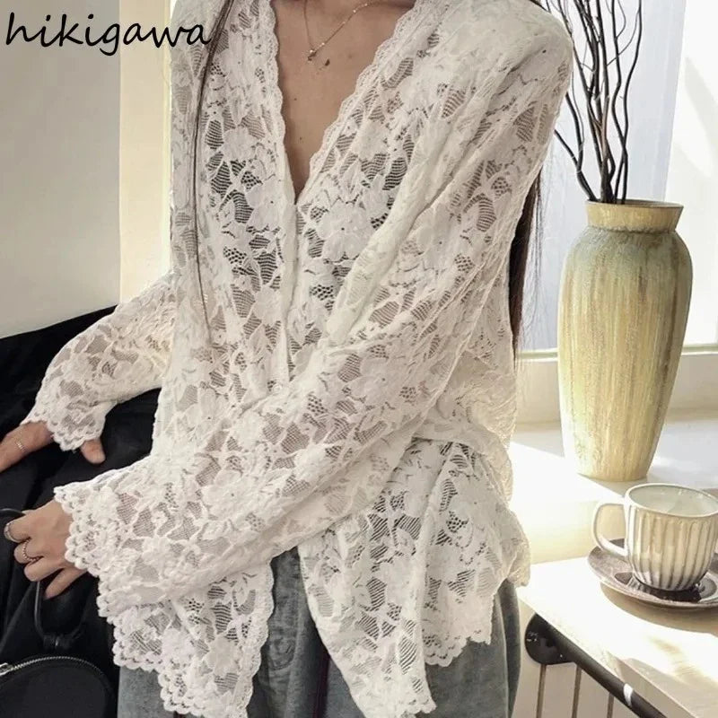Long Sleeve Lace Blouses Clothing Blusas Mujer De Moda Hollow Out Tops See Through White Shirts