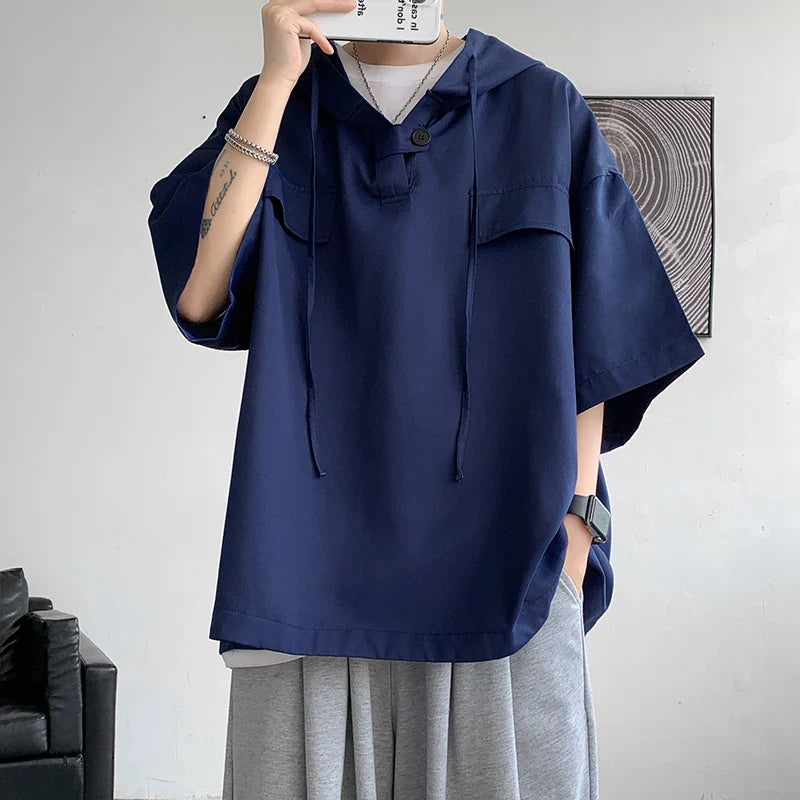 5 Colors Hooded T shirt Korean Half Sleeve Pullover Streetwear Loose T-shirt Tops Drawstring Clothing