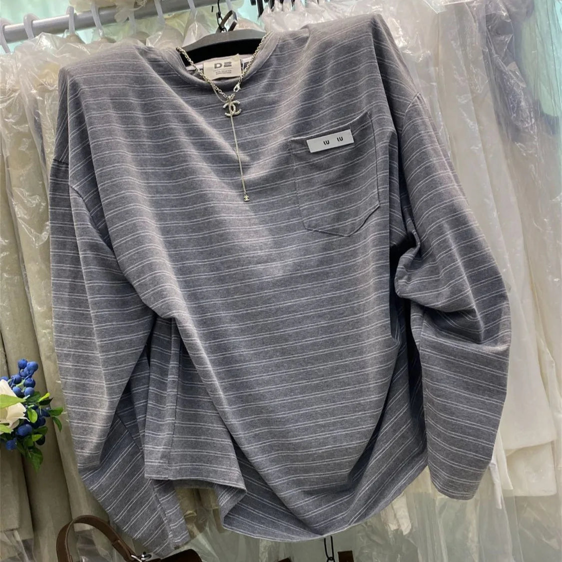 Loose Long Sleeve Striped T-Shirtable Retro Korean Style Casual Top Thin Medium Length Lazy Style T-Shirt