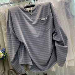 Loose Long Sleeve Striped T-Shirtable Retro Korean Style Casual Top Thin Medium Length Lazy Style T-Shirt