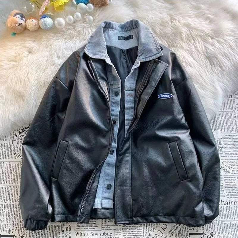 American Embroidered PU Leather Bread Clothes Y2K Street Casual Couple Cotton Coat Warm Coat