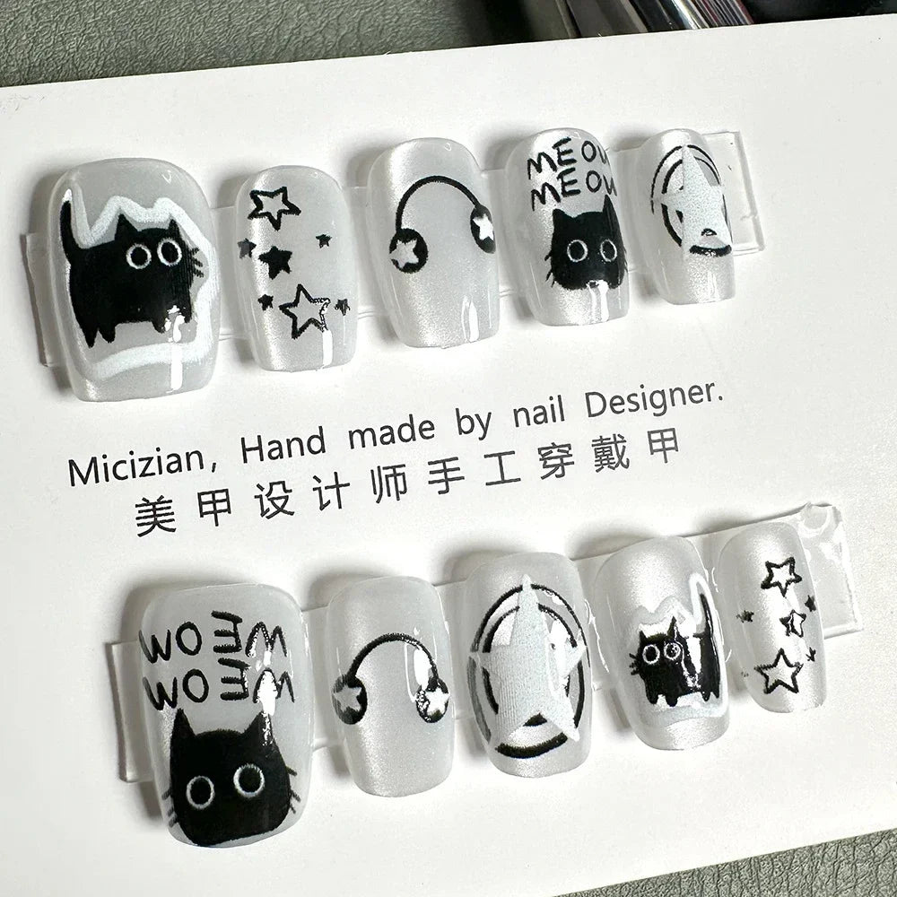 10Pcs Wearable Cat Eyes Series Short Square Press On Nails Kawaii Cartoon Cat Rabbit Rhinestone Gradients Full Cover False Nails